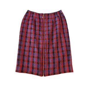 Doncaster Women's Sz 2 Red Plaid Print 100% Silk Skirt Office Siren Secretary